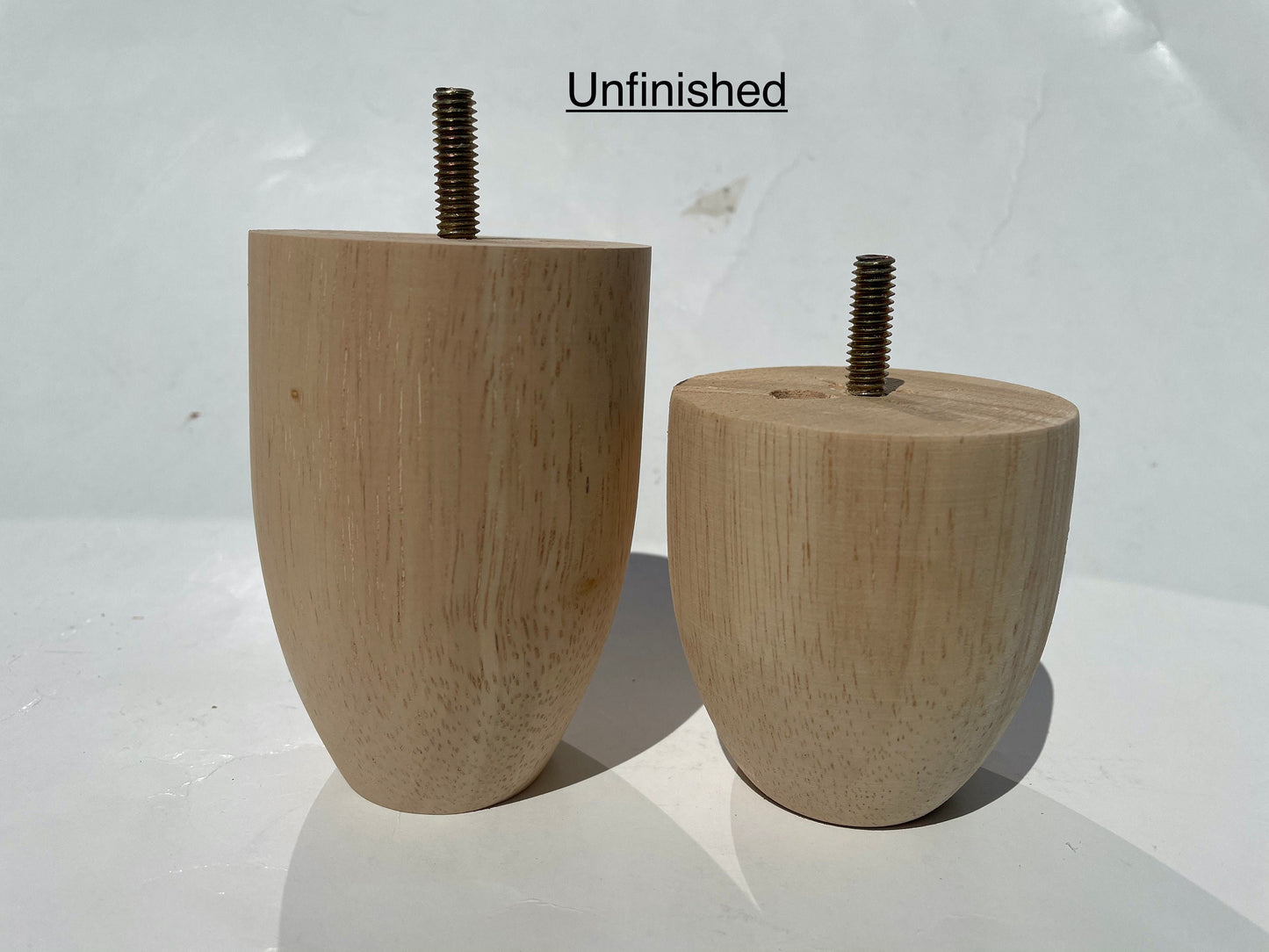 Set of 4 Cone Shaped Legs 3" & 4" Tall x 2-3/4" Diameter Wood Legs with standard 5/16" Hanger Bolts Protruding 1"