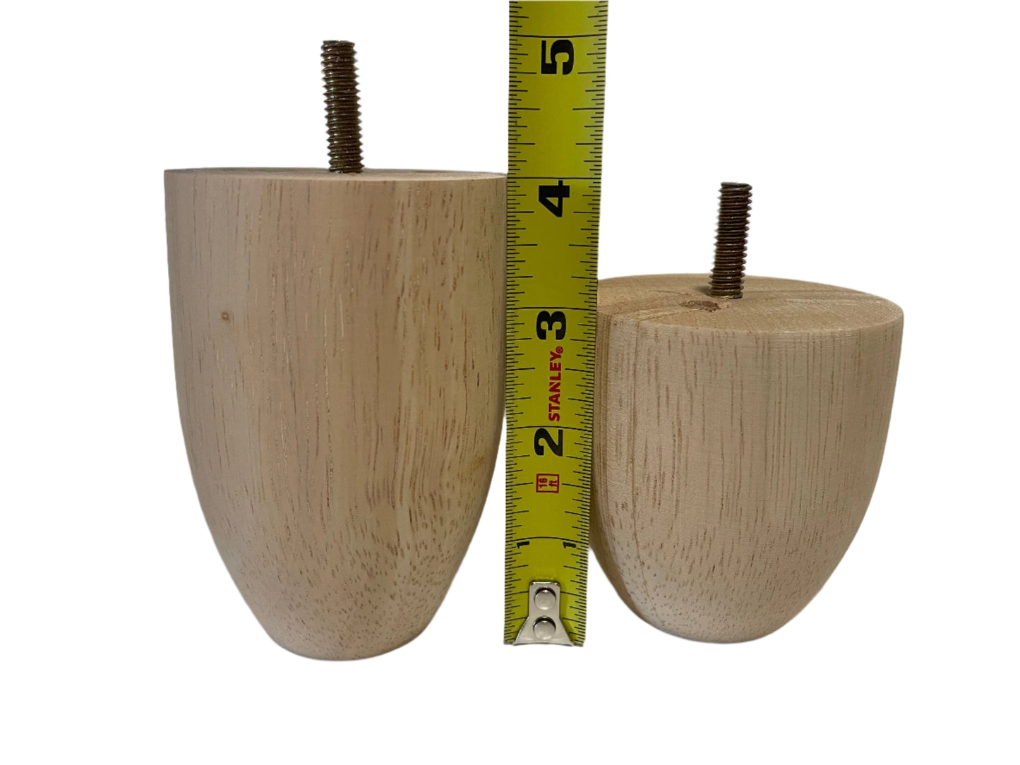 Set of 4 Cone Shaped Legs 3" & 4" Tall x 2-3/4" Diameter Wood Legs with standard 5/16" Hanger Bolts Protruding 1"
