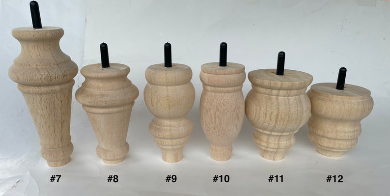 Set of 4 Turned Legs 3.5", 4", 5", 5.5" 6", 6.25", 7.5", & 8" Tall with standard 5/16" Hanger Bolts Protruding 1"